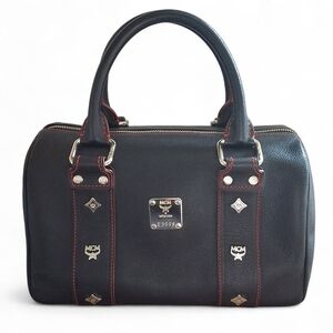 MCM München Black Leather Boston Satchel Bag with Red Trim